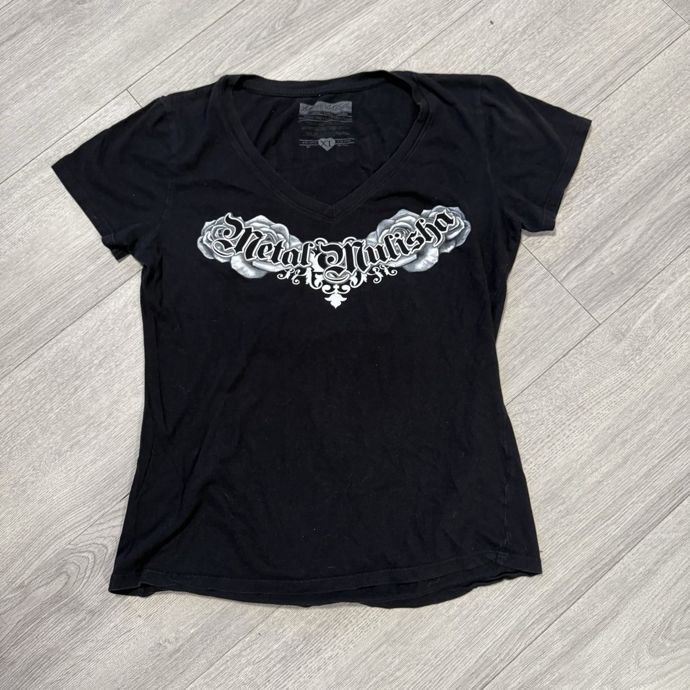 Y2K Metal Mulisha Women's Size XL Black V-Neck Slim Knit Back Graphics T/Shirt